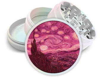 Pink Starry Night Grinder, Vaporwave Van Gogh Art Spice Mill, Girly Herb Grinder, Cute Pink Grinder With Catcher,Extra Large Tobacco Grinder