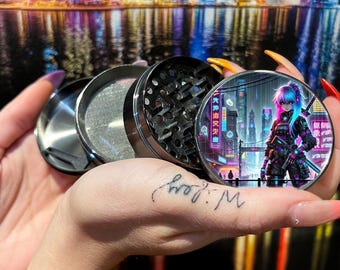 Cyberpunk anime-style Herb Grinder featuring a futuristic, neon-lit cityscape., Extra Large 5 Piece Spice Tobacco Herb Grinder