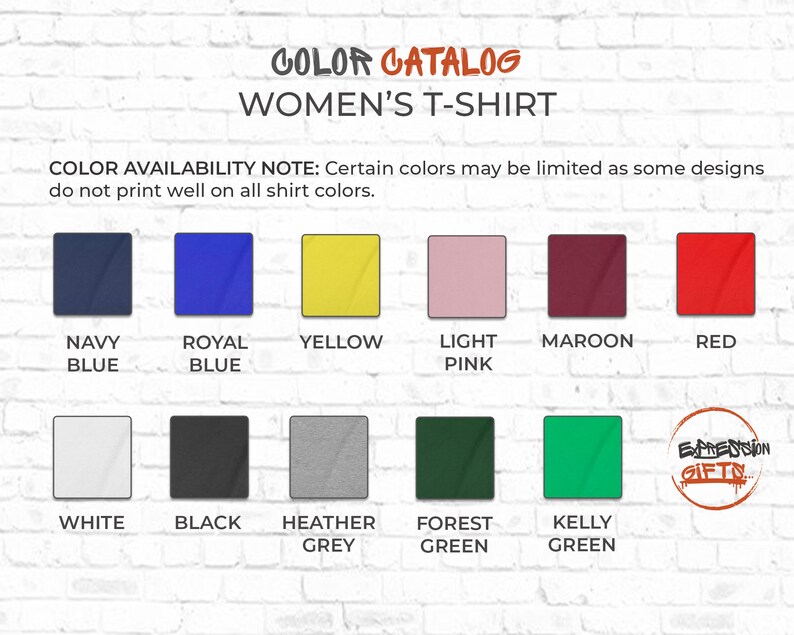 Puede incluir: Carta de colores que muestra los colores disponibles para camisetas de mujer. Los colores incluyen azul marino, azul real, amarillo, rosa claro, granate, rojo, blanco, negro, gris jaspeado, verde bosque y verde kelly.