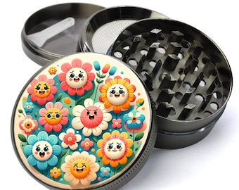 Retro Happy Flowers Grinder, Cute Grinder, Girly Grinder, Funny Herb Grinder, Extra Large 5 Piece Grinder, Gift For Her, Girlfriend Gift