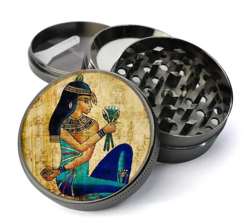 Egyptian Hieroglyph Papyrus with Regal Woman Offering Flowers Extra Large 5 Piece Spice Tobacco Herb Grinder with PollenKeef Catcher