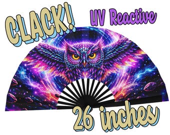 Kosmischer Eulen-Rave-Fächer | UV-reaktiver Klappfächer (66 cm) | Faltbarer Handfächer mit Galaxien-Nachteule | EDM-Festival-Accessoires | Geschenkidee für Eulenliebhaberinnen