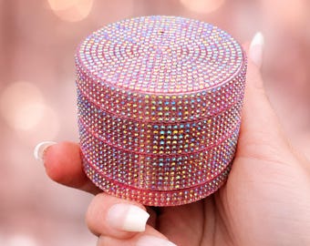 Pink Rhinestone Herb Grinder, Sparkly 4 Piece Tobacco Grinder, 63mm Bling Metal Grinder, Cute Girly Bedazzled Gift