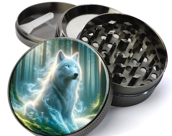 Spiritual Wolf Herb Grinder, Extra Large Grinder Wolf In A Mystical Forest, Glowing Wolf, Herb Grinder With Catcher