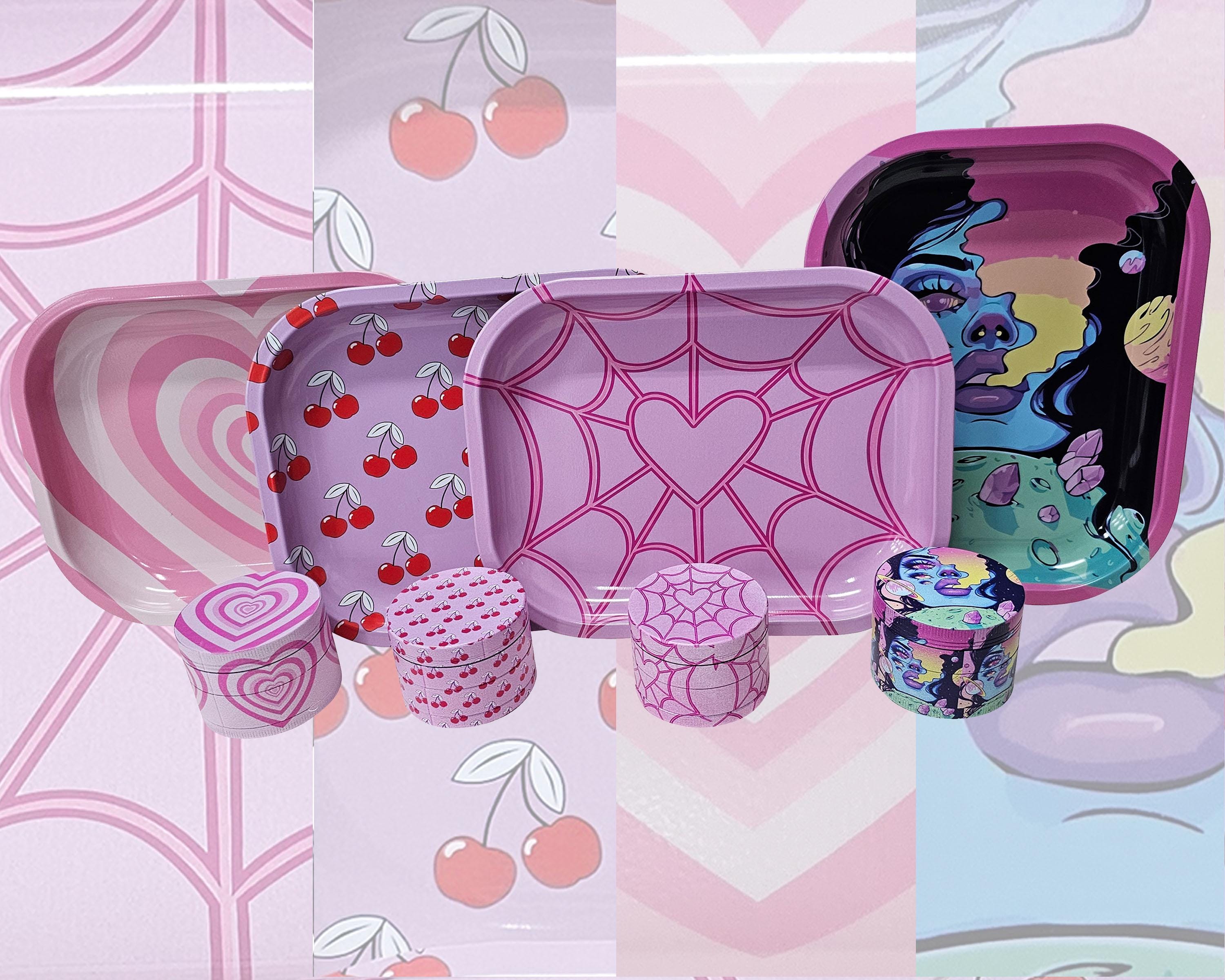 Cute Pink Rolling Tray And Grinder Set For Women, Halloween Party, Artsy Grinder,Cute Smoking Accessories,Girly Pink Hearts Grinder,Cherries