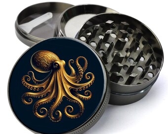 Molinillo de hierbas vintage con forma de pulpo dorado, extragrande, con diseño intrincado de pulpo y recolector.