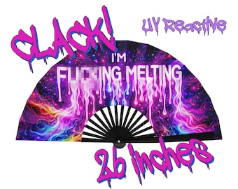 Im Fcking Melting Rave-Fan | Lustiger Clack Fan 66 cm UV Reaktiv | Galaxy Drip Faltender Handfächer | Festival Accessoires | EDM Geschenk für sie
