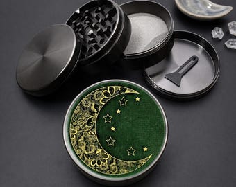 Whimsigoth Kräutermühle, große süße Mühle, Gothic Rauchen Zubehör, 4-teilige Gewürzmühle, Witchy Küchen Utensilien, Halbmond mit Sternen
