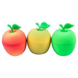 May include: Three apple-shaped containers, each with a green stem and leaf. The containers are in red, yellow, and green. These containers are likely for storing small items or as decorative pieces.