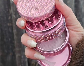 Pink Rhinestone 63mm 4 Piece Herb Grinder | Bling Spice Mill | Crystal Covered Crusher | Glam Gift for Her | Girly Herb Mill | Pink Gift