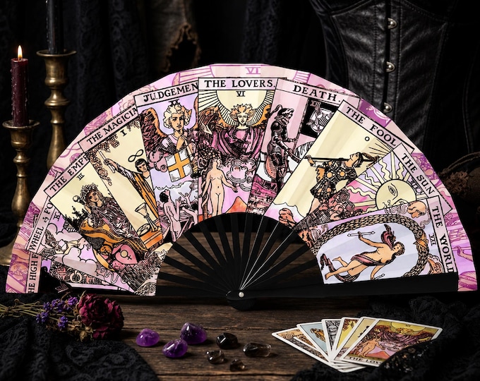 Tarot Card Hand Fan, Large Rave Fan, Festival Fan for Ren Faire, Witchy Folding Clack Fan, Steampunk Gothic Event Accessory
