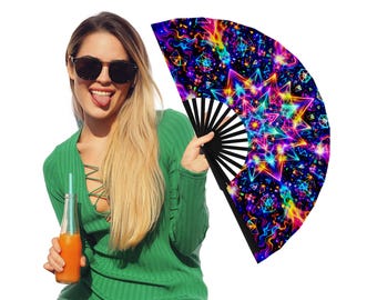 Abanico de mandala arcoíris neón reactivo a la luz UV - Abanico de mano grande con estampado UV psicodélico para música electrónica - Accesorios para raves o desfiles del orgullo