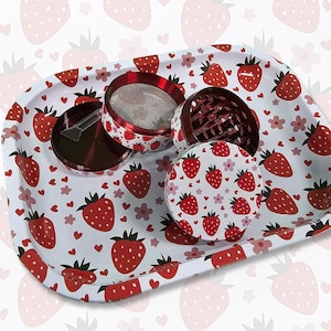 Strawberry Rolling Tray And Grinder Matching Set, Girly Smoking Accessories, Birthday Gifts For Her, Cute Grinder With Catcher, Hosting