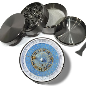 Astrological Zodiac Signs Clock (blue), Extra Large 5 Piece Spice Tobacco Herb Grinder with Pollen/ Catcher for Herb Grinders, Astrology
