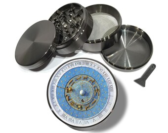 Astrological Zodiac Signs Clock (blue), Extra Large 5 Piece Spice Tobacco Herb Grinder with / Catcher for Herb Grinders, Astrology