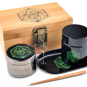 Grinder Gift Box, Fall Host Gift, Gadgets For Men, XL Spice Grinder, Smellproof Glass Jar, Bamboo Storage Box w/ Lock, Unique Rolling Tray