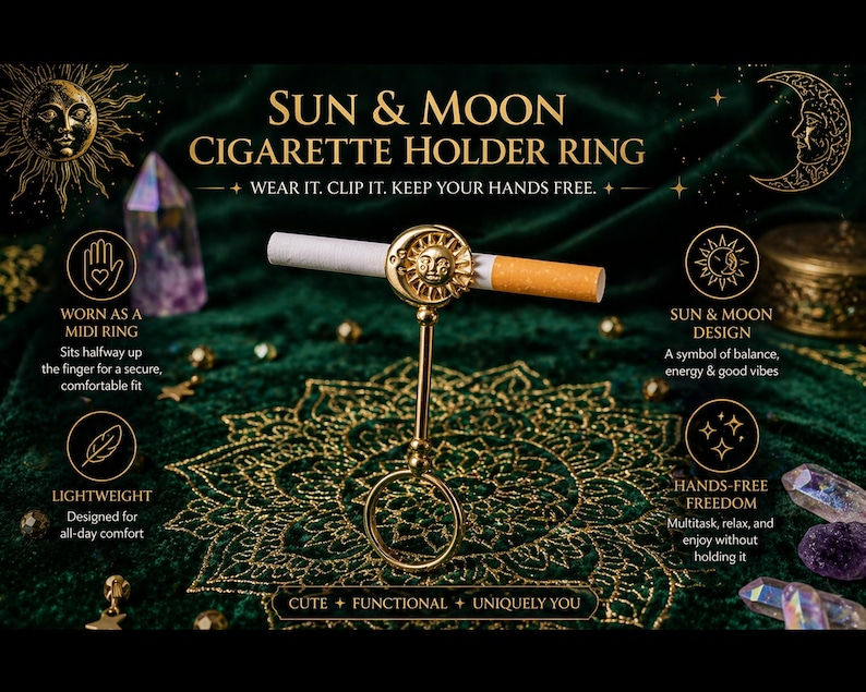 May include: Gold-colored Sun & Moon cigarette holder ring. The ring features a sun design on the cigarette holder and a ring for the finger. The text on the image says "Wear it. Clip it. Keep your hands free."