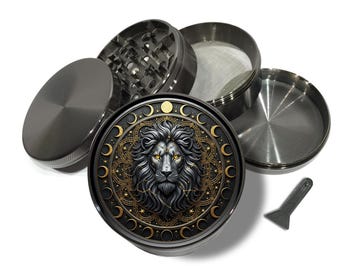 Stemma del leone con fase lunare celeste, grinder extra large per spezie, tabacco ed erbe, 5 pezzi, accessori per festival, grinder extra large, frantoio da 5 pezzi