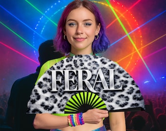 Abanico de mano con estampado de leopardo de las nieves ~ Abanico con estampado animal para festivales, conciertos de música electrónica o accesorios para festivales ~ Abanico de mano elegante para ella