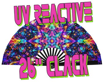 UV Reactive Neon Rainbow Mandala Fan - Psychedelic UV Print Large Clacking Hand Fan for EDM Music -Rave Accessories or Pride Parade Fan