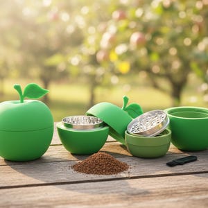May include: A green apple-shaped grinder with a leaf-shaped top, with the metal grinding components visible. A small pile of ground material and a black brush are next to the grinder on a wooden surface. The background is blurred.