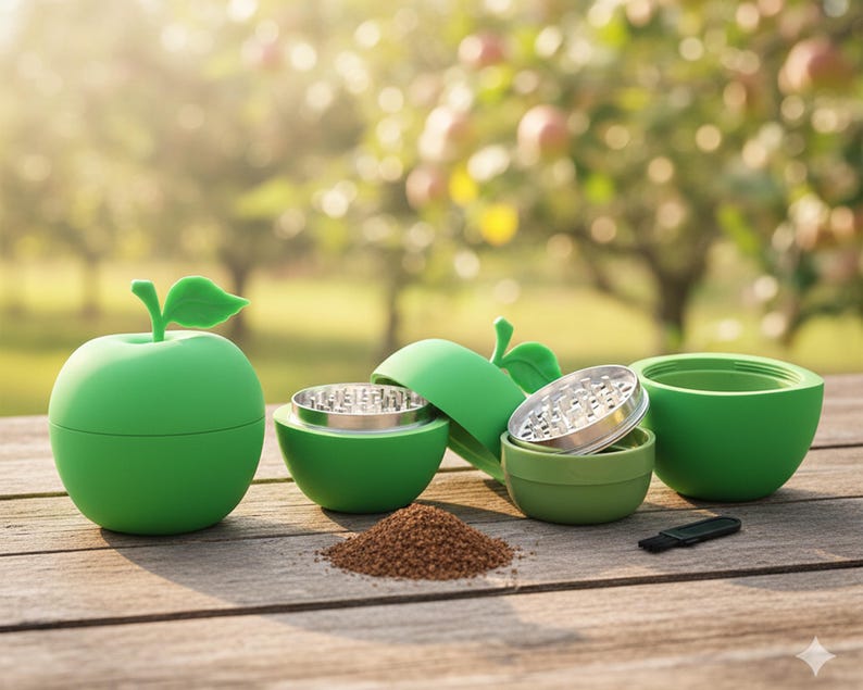 May include: A green apple-shaped grinder with a leaf-shaped top, with the metal grinding components visible. A small pile of ground material and a black brush are next to the grinder on a wooden surface. The background is blurred.