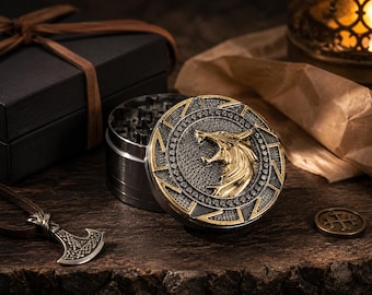 Fenrir Skoll Nordic Wolf XL Spice Grinder, Raised 3D Gold Silver Viking Medallion, Mens Gift, Herb Spice Mill, Norse Decor, Norse Mythology