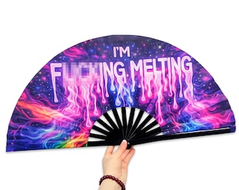 Im Fcking Melting Rave-Fan | Lustiger Clack Fan 66 cm UV Reaktiv | Galaxy Drip Faltender Handfächer | Festival Accessoires | EDM Geschenk für sie