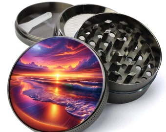 Beach at Sundown Herb Grinder, Sunset Grinder, Waves Rolling in, Ocean Beach Grinder, Large Grinder With Catcher, Tobacco Herb Grinders