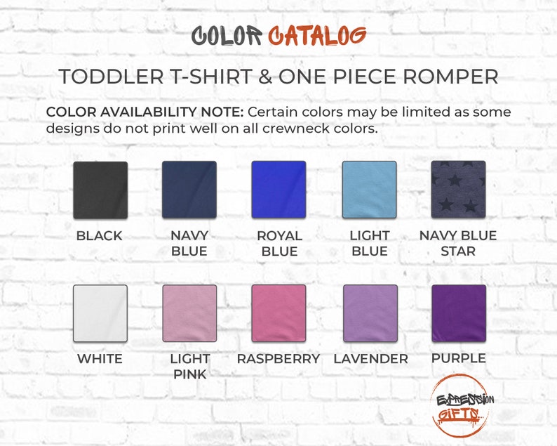 Pode incluir: Carta de cores para t-shirts de crian&ccedil;a e macac&otilde;es de uma pe&ccedil;a. A carta mostra 10 cores diferentes: preto, azul marinho, azul real, azul claro, azul marinho com estrela, branco, rosa claro, framboesa, lavanda e roxo.