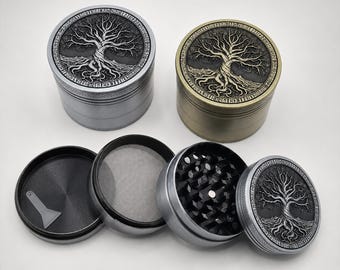 Tree of Life Metal Spice Grinder | Silver or Brass Herb Mill | Norse Rune Engraved 63mm 4 Piece Crusher Tool | Yggdrasil Viking Gift for Him