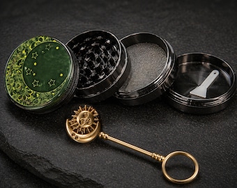 Mond Stern Grinder Set mit Gold Sonne Mond Ringhalter, 4-teilige Tabakmühle, himmlisches Gothic Geschenk für sie, ästhetisches Accessoire