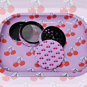 Rolling Tray Set For Women, Cute Cherry Smoker Kit, Halloween Party Accessories, Pink Rolling Tray and Grinder Matching Set, Girly Grinder