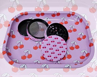 Kersenmolen en rollend dienblad set voor vrouwen, leuke set, cadeaus voor haar, roze girly rollende dienblad en grinder bijpassende set, rookaccessoires