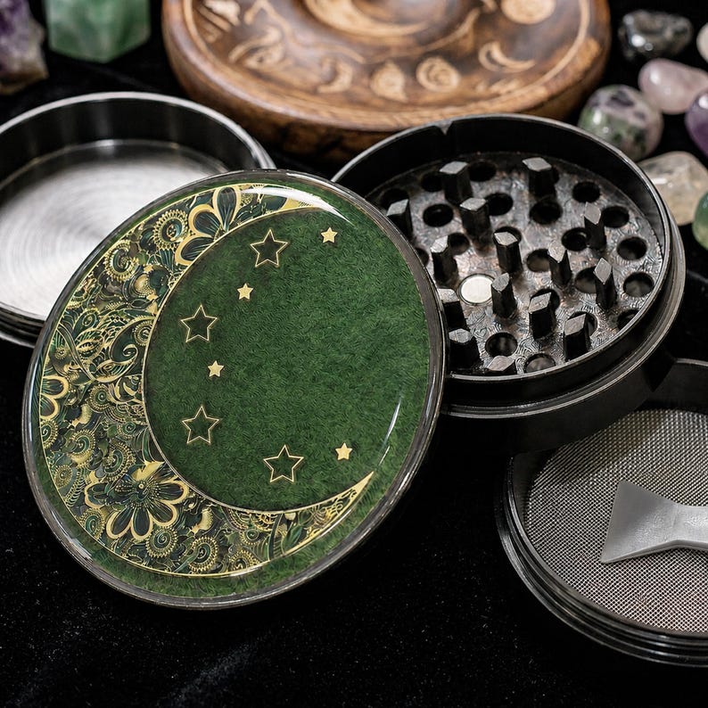 K&ouml;nnte beinhalten: Ein runder Kr&auml;uterm&uuml;hle aus Metall mit schwarzer Oberfl&auml;che. Der Deckel zeigt eine dunkelgr&uuml;ne Fl&auml;che mit einem goldenen Halbmond- und Sternenmuster, verziert mit komplexen floralen Details. Das Innere zeigt scharfe Z&auml;hne und ein Metallsieb.
