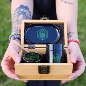 Cigarette Rolling Tray Set, Rave Accessories, Stash Box, Gadgets For Men, XL Herb Grinder, Smellproof Glass Jar, Bamboo Storage Box
