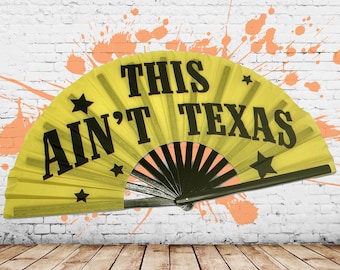 Abanicos "Esto no es Texas Clack", Abanico para rave, Abanico grande, Accesorios para festivales, Abanico plegable, Sonido CLACK, Abanico vaquero, Popping