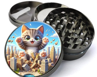 Kitten Destroying A City Grinder, Kitty Cat Grinder, Cute Grinder, Catzilla Grinder, Funny Grinder, Large Grinder, Herb Grinder With Catcher