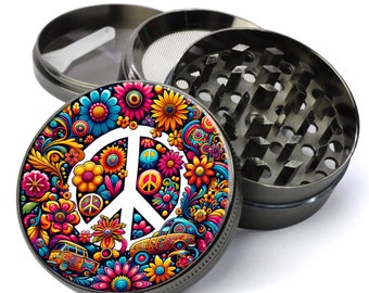 Molinillo hippie de los 70, molinillo psicodélico, molinillo hippie con recolector, molinillo con símbolo de la paz, molinillo de hierbas bonito, molinillo de tabaco extragrande de 5 piezas