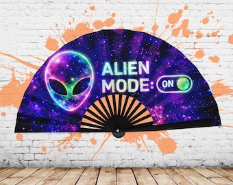Alien Mode On Rave Fan Für Musik Festival - UV Glow Hand Fan Trippy Party Zubehör - Großer Klack Fan Psychedelic EDM Party Zubehör