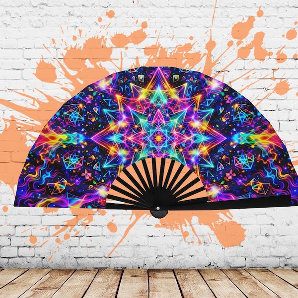 UV-reactieve neon regenboog mandala-fan - psychedelische UV-print grote klikkende handventilator voor EDM-muziek - rave-accessoires of Pride Parade-fan