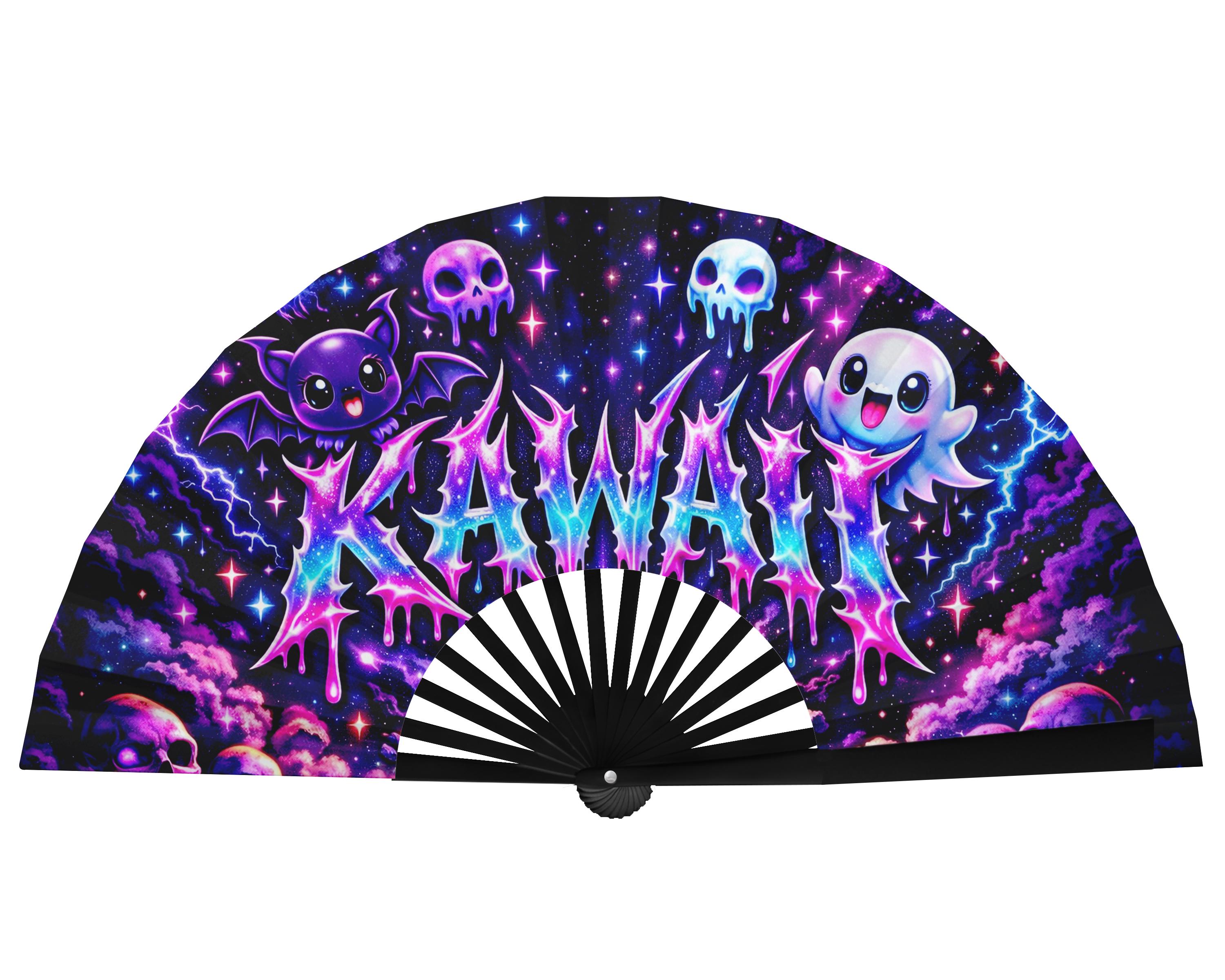 UV Reactive Kawaii Skull Punk Folding Fan ~ Cute Large 26 IN