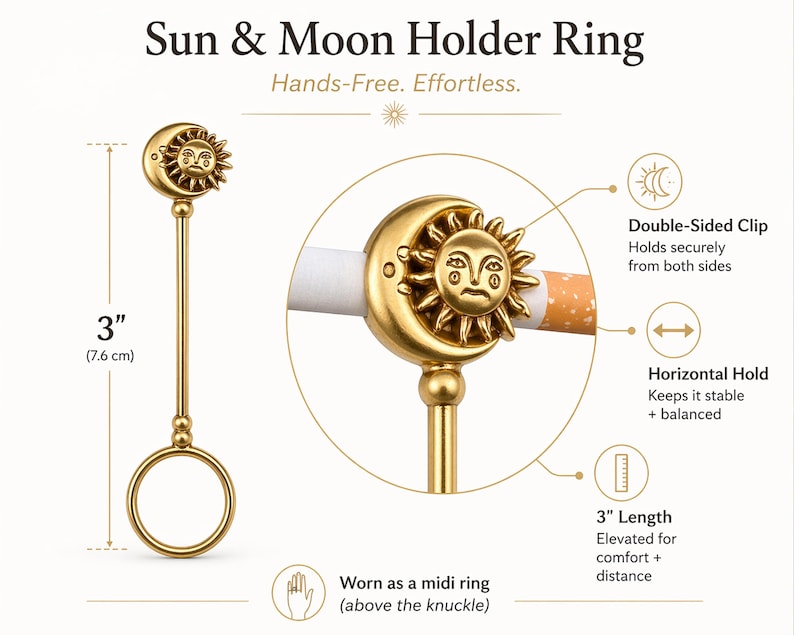 May include: Gold-colored Sun & Moon holder ring, 3 inches (7.6 cm) long. The ring features a sun and moon design, a double-sided clip, and is worn as a midi ring. The text on the image says "Hands-Free. Effortless."