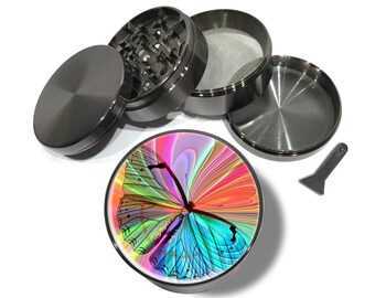 Trippy Butterfly Grinder, Funky Grinder, Hippie Grinder, Extra Large 5 Teilig, Grinder mit Auffangbehälter, Gewürzmühle, Tabakmühle