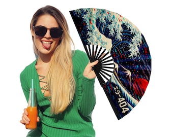 Japanischer Faltfan UV-reaktiv - Große Welle des Kanagawa Clack Fan Ideal Rave Festival Zubehör - Handfan Bestes Reisegeschenk 26 Zoll