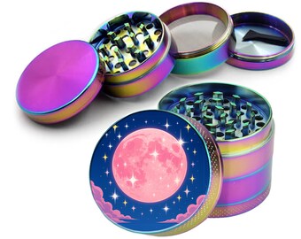 Pink Kawaii Grinder, Girly Crescent Moon with Stars Grinder, Cute Herb Grinder, Gifts For Her, Extra Large 5 Piece Spice Crusher, Tobacco