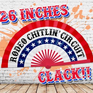 Ventaglio da cowboy, ventaglio rosso, bianco e blu, ventaglio a pressione "Rodeo Chitlin Circuit", ventaglio grande "Carter Show", gadget di musica country, regalo - 26 pollici