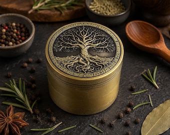Tree of Life Metal Spice Grinder | Antique Brass Herb Mill | Norse Rune Engraved 63mm 4 Piece Crusher Tool | Yggdrasil Viking Gift for Him