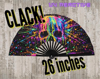 Rave Fan Drip Totenkopf schwarz | UV-Reaktiver Klack Fan 66cm | Farbspritzer Klappfächer | Festival Accessoires | EDM Raver Geschenk für Sie