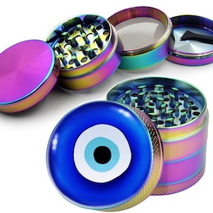 Rainbow Nazar Evil Eye Talisman Grinder, 2.5 Inch Diameter Extra Large 5 Piece Grinder,Spice,Tobacco,Herb Grinder,Pollen/  Catcher,Amulet